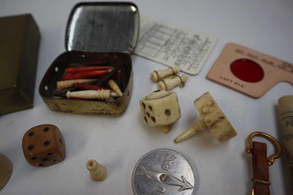 A whist marker of circular form with a bone hand pointer together with bone dice, penknife, - Image 3 of 6