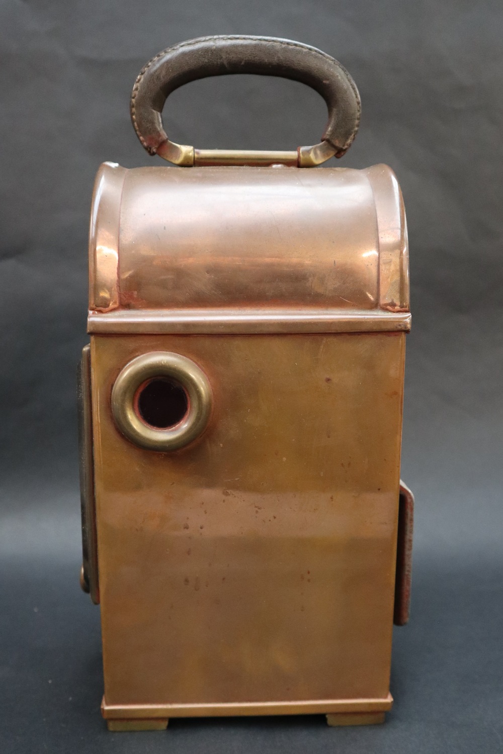 A Shand Mason & Co copper fire engine lamps of rectangular form with a leather covered oval folding - Image 6 of 9