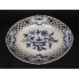 A Meissen blue and white bowl of oval form, with a pierced border,