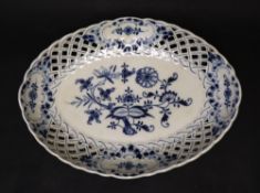 A Meissen blue and white bowl of oval form, with a pierced border,