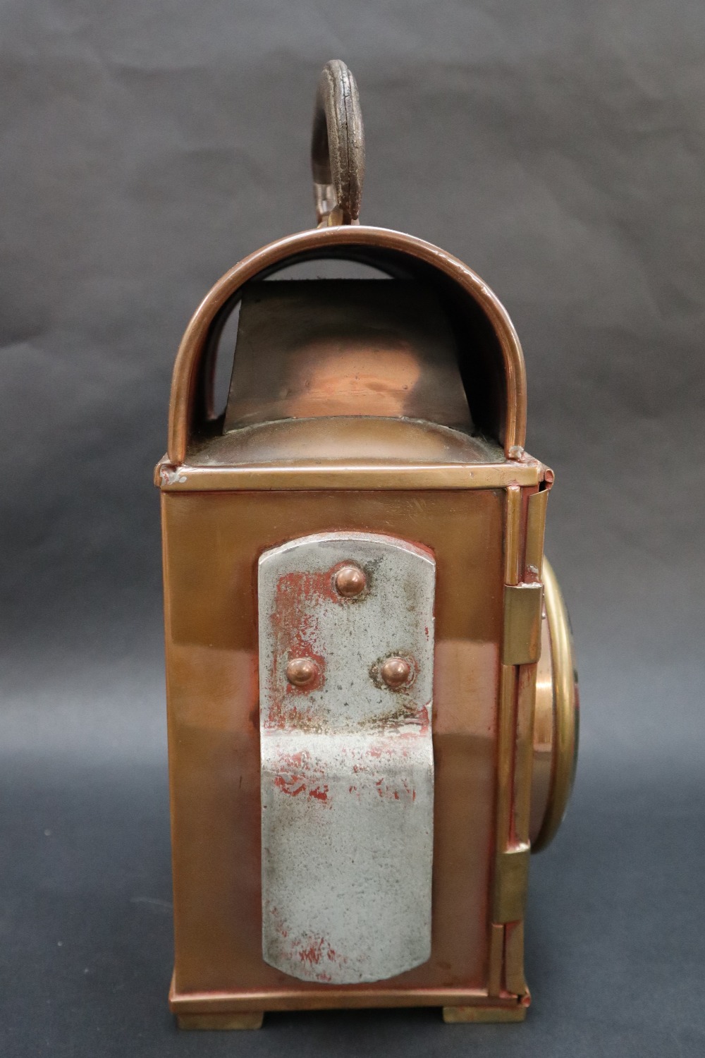 A Shand Mason & Co copper fire engine lamps of rectangular form with a leather covered oval folding - Image 7 of 9