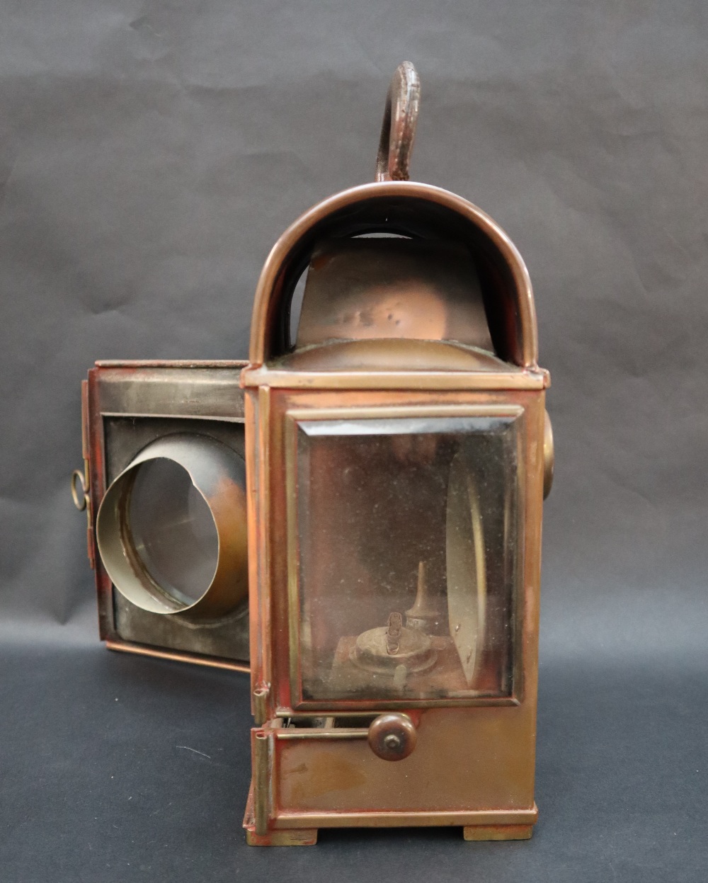 A Shand Mason & Co copper fire engine lamps of rectangular form with a leather covered oval folding - Image 5 of 9