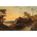 Nedham A landscape scene with a river in the foreground and cows on a rocky outcrop Oil on