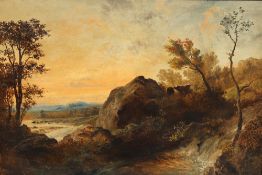 Nedham A landscape scene with a river in the foreground and cows on a rocky outcrop Oil on