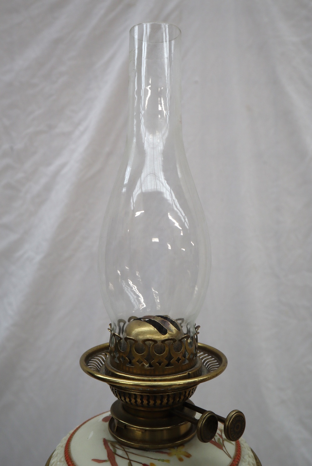 A Royal Worcester porcelain and brass standard oil lamp, - Image 5 of 10