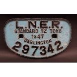 A railway wagon plate for LNER standard 12 Tons, 1947, Darlington, 297342, of flattened oval form,