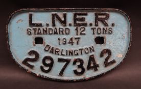 A railway wagon plate for LNER standard 12 Tons, 1947, Darlington, 297342, of flattened oval form,