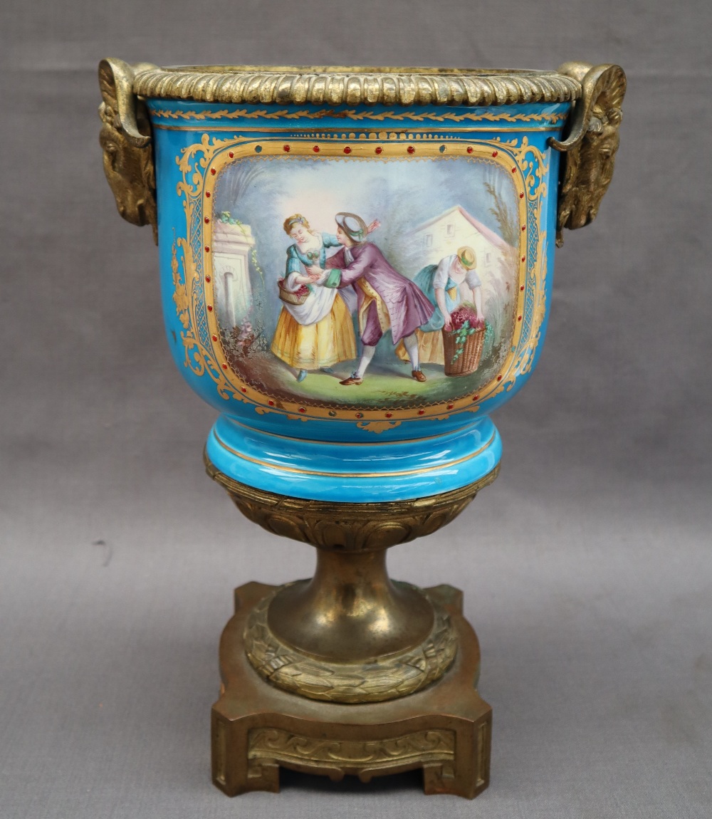 A 19th century Sevres style jardiniere mounted as a vase with an gilt metal mounted rim, - Image 2 of 10