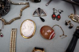 A shell cameo brooch together with a banded agate brooch, wristwatches,