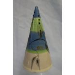 A Clarice Cliff conical sugar sifter with bands of blue and green, with line and leaf decoration,