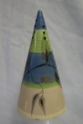 A Clarice Cliff conical sugar sifter with bands of blue and green, with line and leaf decoration,