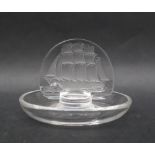 A Lalique pin tray, the oval panel decorated with a three masted ship, marked Lalique, France, 9.
