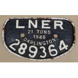 A railway wagon plate for LNER 21 Tons, 1946, Darlington 289364, of flattened oval form,