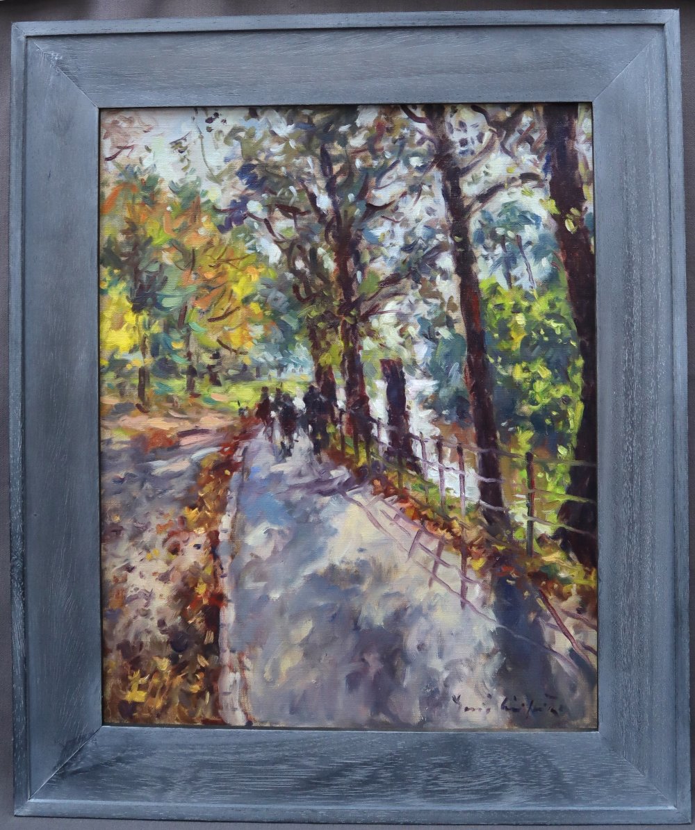 David Griffiths, R.C.A Strollers, Roath Lake Oil on board Signed 49. - Image 2 of 5