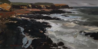 Donald McIntyre Wild day near Craster Oil on board Signed 41.5 x 81.