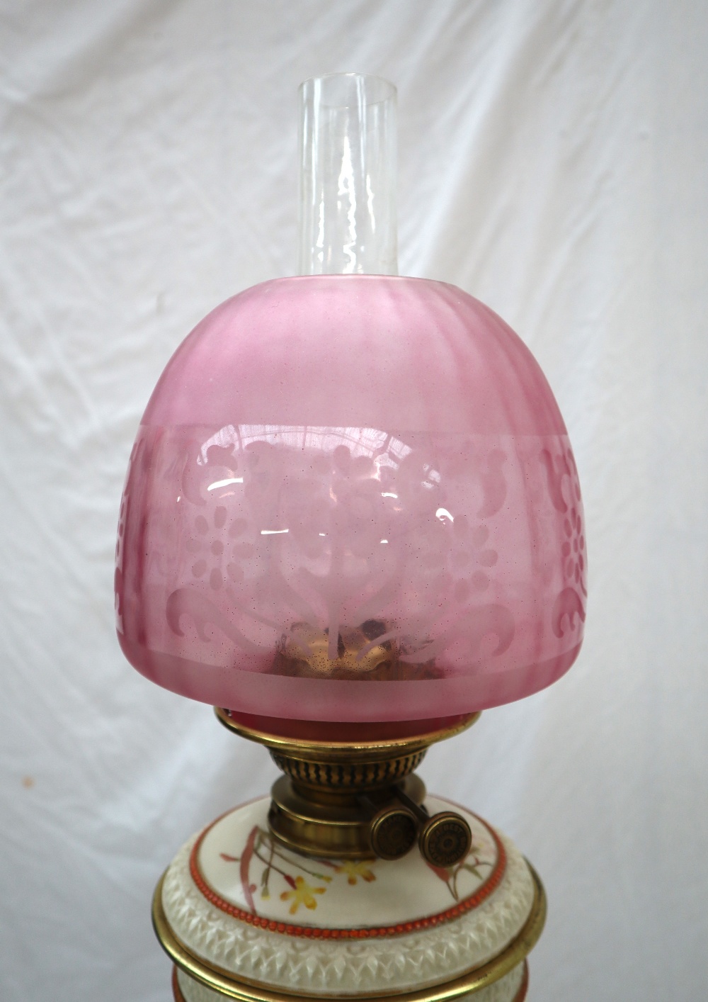 A Royal Worcester porcelain and brass standard oil lamp, - Image 3 of 10