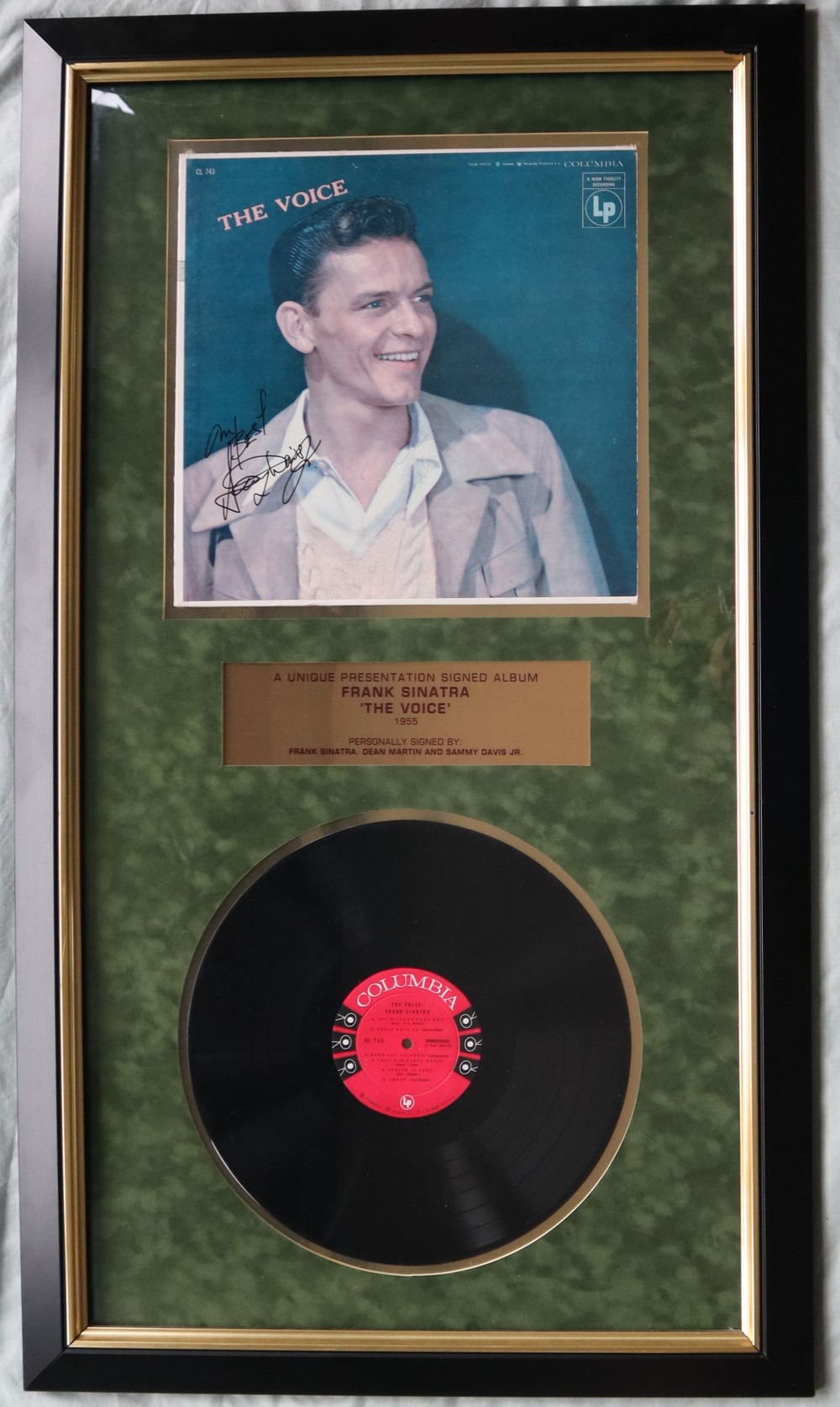 Frank Sinatra, The Voice, album cover and record, framed and mounted,