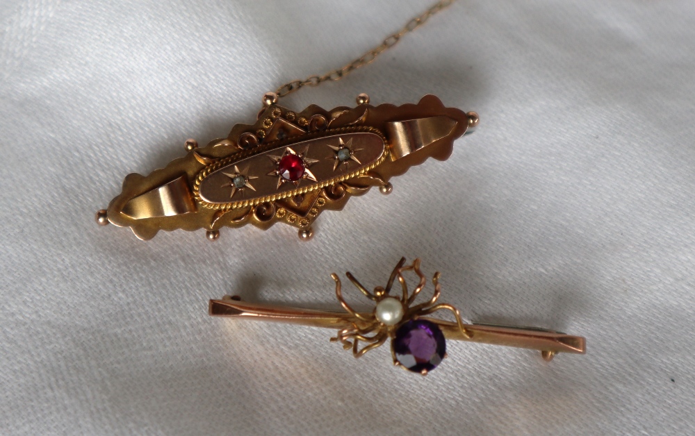 A 9ct gold mourning bar brooch set with a central ruby and two diamonds together with a 9ct gold - Image 5 of 5