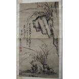 A Chinese monochrome watercolour scroll decorated with grasses, seal marks, 108 x 56.