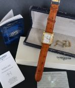 An 18ct gold gentleman's Longines Chronographe DolceVita of rectangular form with a white dial and