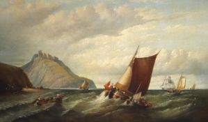 19th century British School Ships on a choppy sea Oil on canvas 74 x 125cm Relined