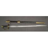 A modern copy of an 1800 Naval Officers 5 ball spadroon in its brass mounted leather scabbard,