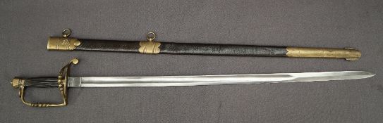 A modern copy of an 1800 Naval Officers 5 ball spadroon in its brass mounted leather scabbard,