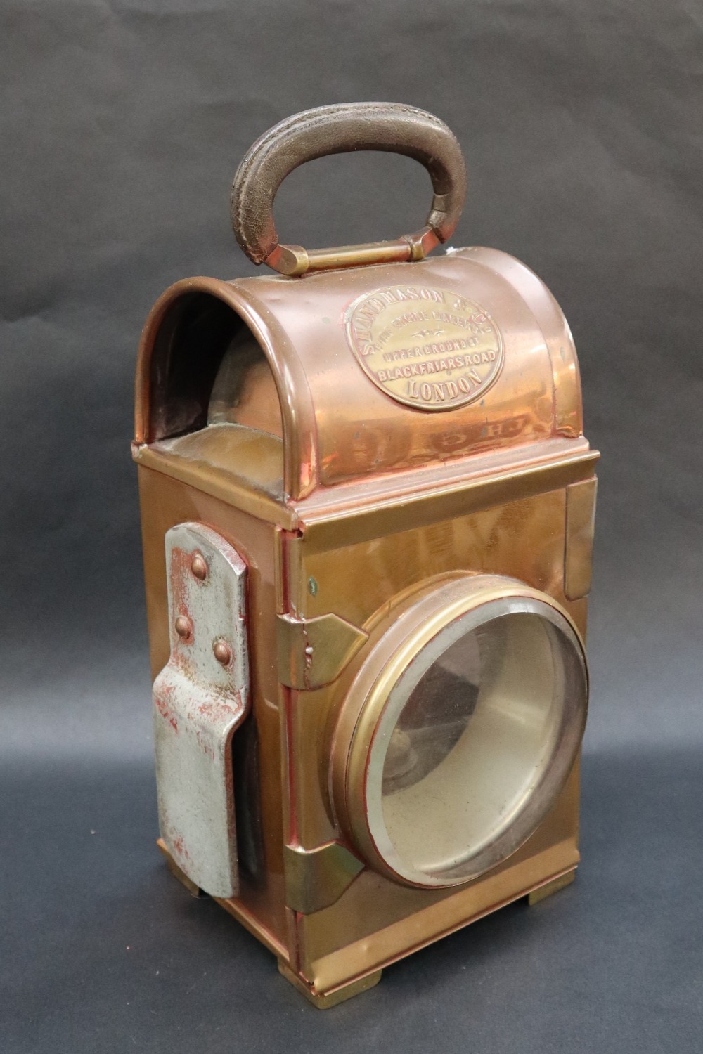 A Shand Mason & Co copper fire engine lamps of rectangular form with a leather covered oval folding - Image 3 of 9