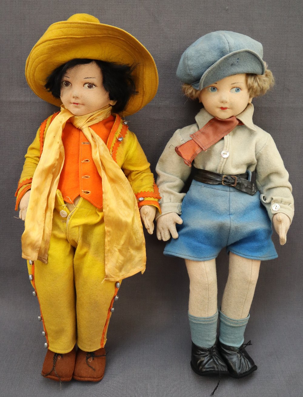 A felt doll with black hair, brown eyes and painted lips dressed as a cow girl, - Image 2 of 3