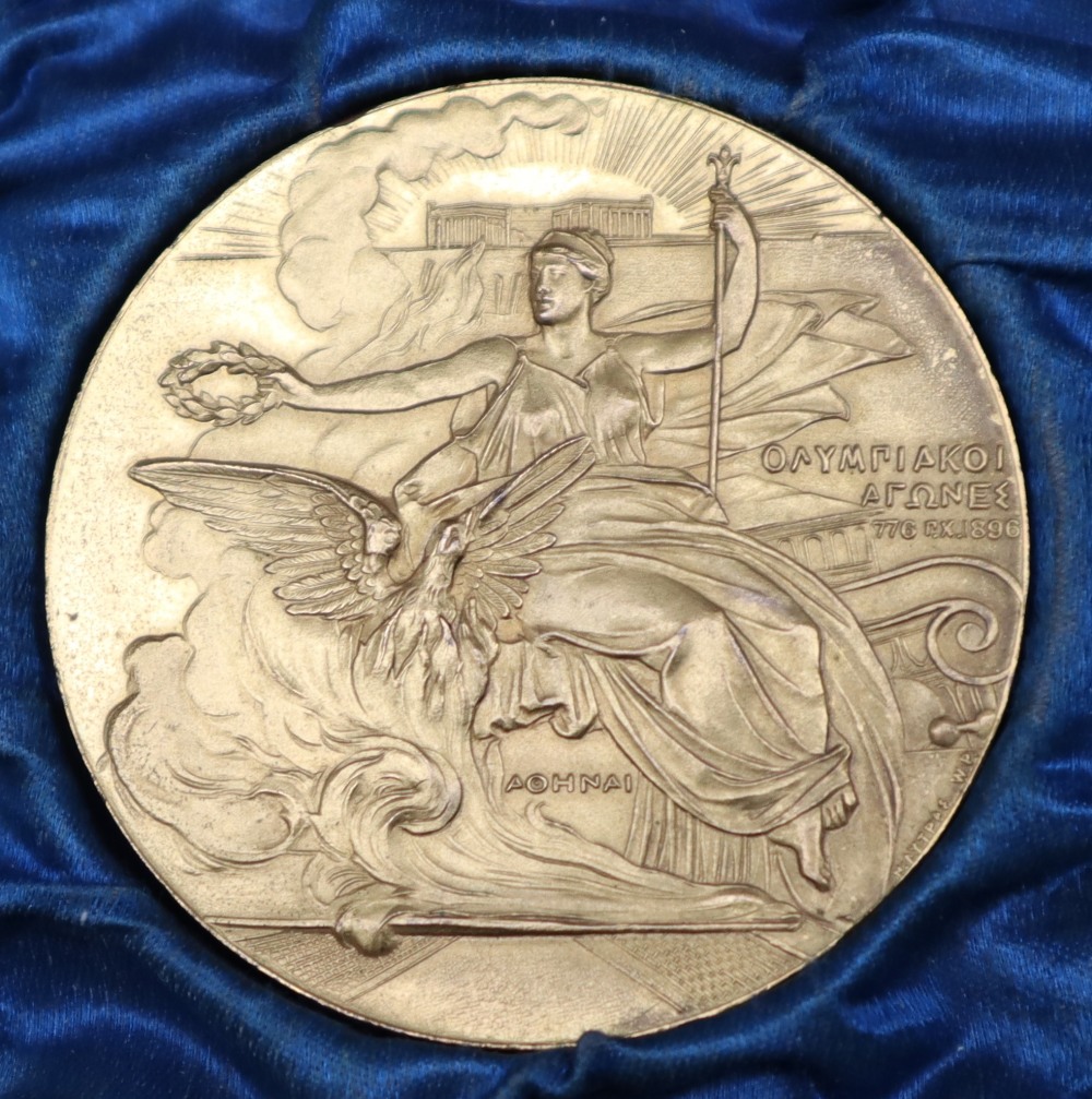 A Participation medal issued for the Athens 1896 Summer Olympics. Gilt bronze, 50 mm, by W. - Image 2 of 5