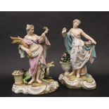 A pair of continental porcelain figures depicting summer holding a basket of flowers with an urn of