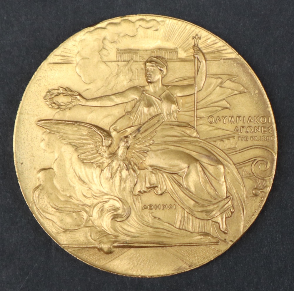 A Participation medal issued for the Athens 1896 Summer Olympics. Gilt bronze, 50 mm, by W. - Image 3 of 5