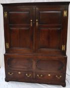An 18th century oak side cabinet with a moulded cornice above a pair of four panelled doors,