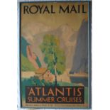 Royal Mail poster for "Atlantis" Summer Cruises depicting a cabin by a lake in a mountainous