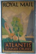Royal Mail poster for "Atlantis" Summer Cruises depicting a cabin by a lake in a mountainous