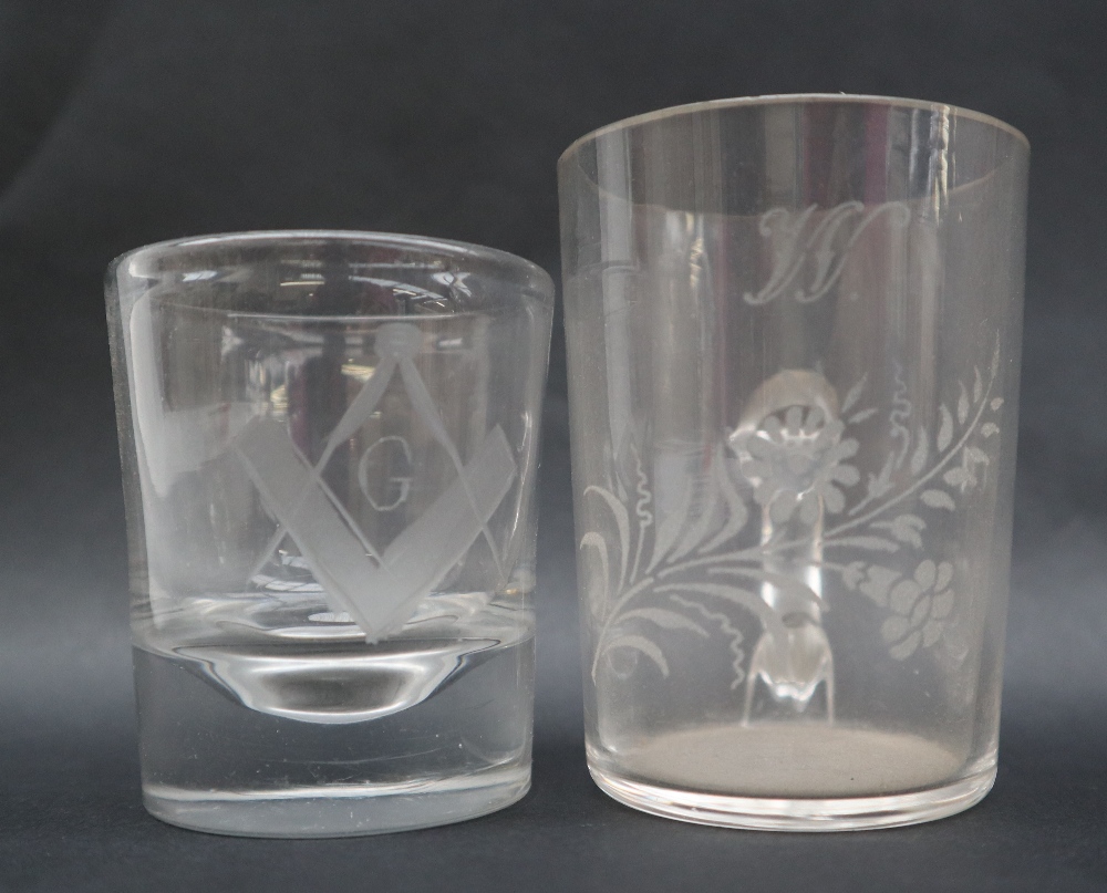 A 19th century Masonic toasting glass, engraved with the Square and Compass and a letter G, 6. - Image 3 of 5