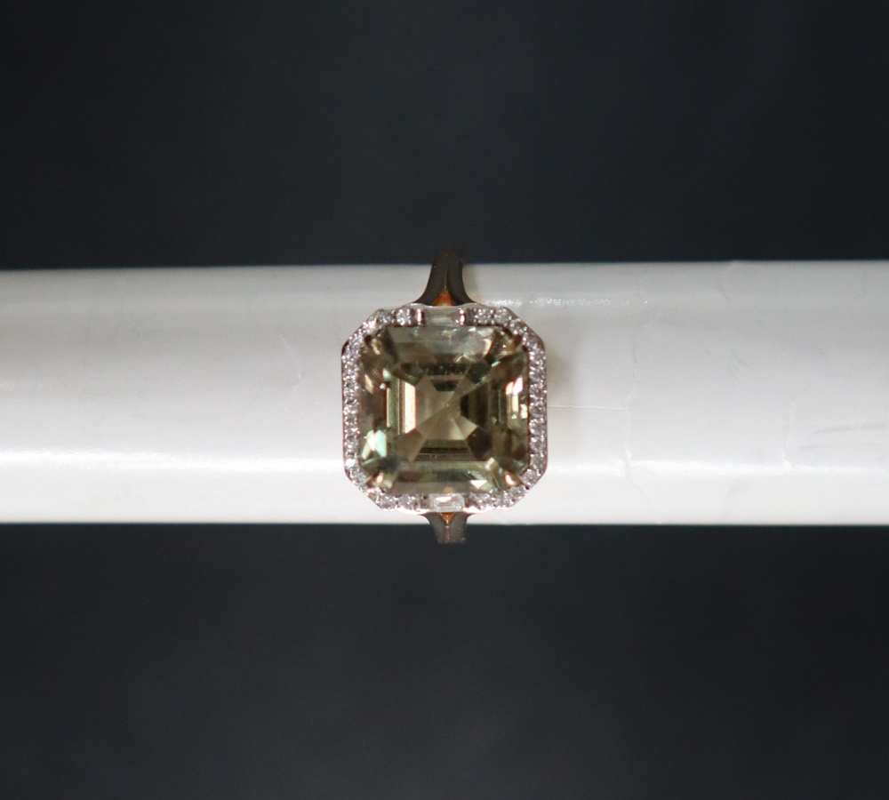 Gemporia - An 18ct yellow gold Asscher cut Csarite and diamond Lorique ring, set with a central 5.