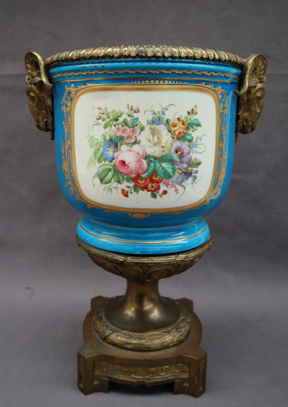 A 19th century Sevres style jardiniere mounted as a vase with an gilt metal mounted rim, - Image 5 of 10