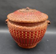 A Melji basket and cover of lattice form,