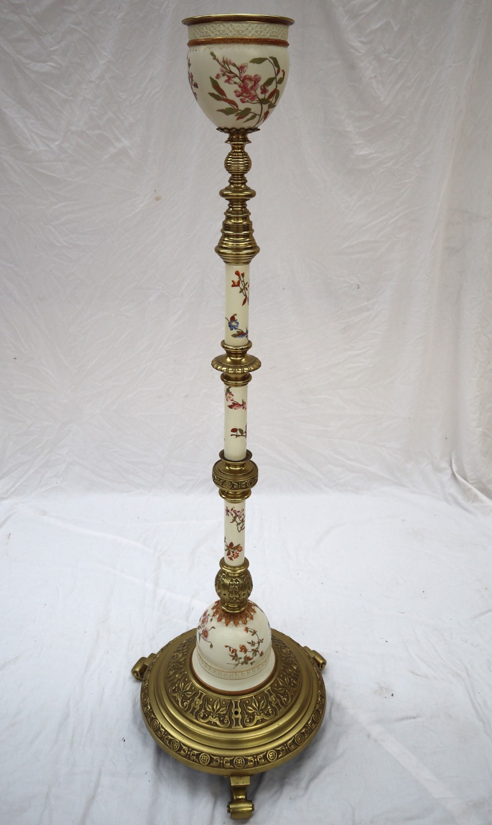 A Royal Worcester porcelain and brass standard oil lamp, - Image 6 of 10