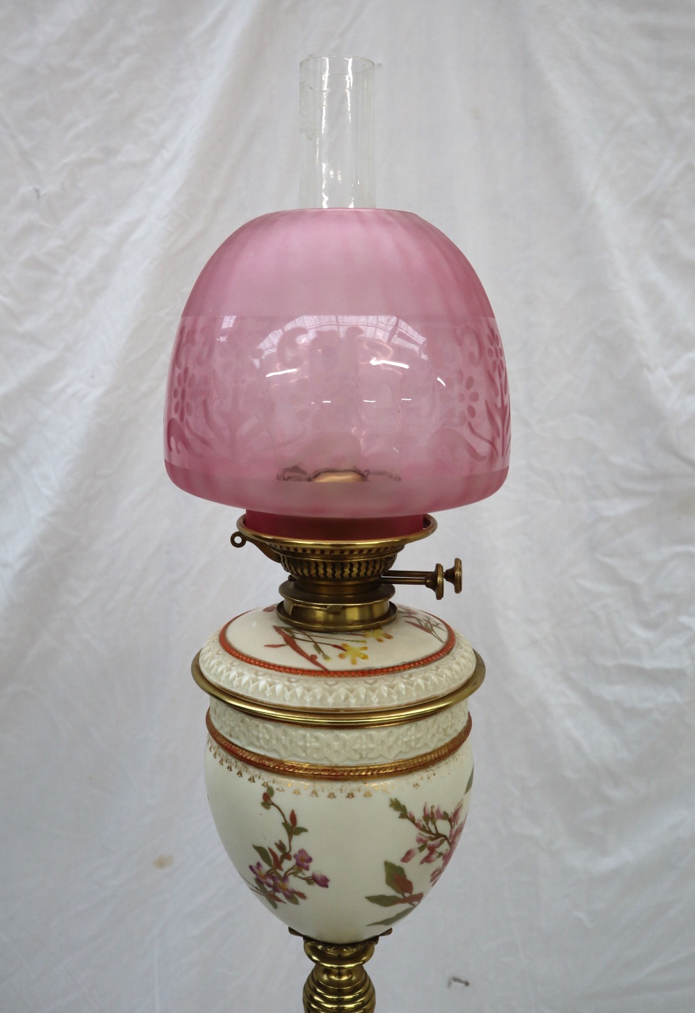 A Royal Worcester porcelain and brass standard oil lamp, - Image 2 of 10