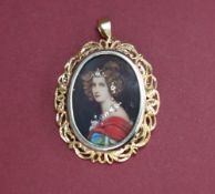 An 18ct gold portrait miniature pendant / brooch, depicting a lady wearing gem set jewellery,