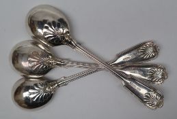 A set of three Edward VII silver fiddle thread and shell pattern soup spoons, Sheffield, 1905,
