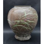 Studio Pottery - A large ovoid vase with a brown ground decorated with bees, dragonfly,
