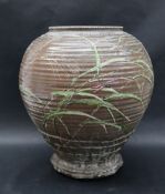 Studio Pottery - A large ovoid vase with a brown ground decorated with bees, dragonfly,