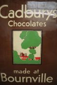 A brown and cream pictorial enamel sign for "Cadburys chocolates made at Bournville" 912 x 61cm