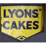 A Lyons' cakes yellow and blue double sided advertising sign with a pointed base, 39.