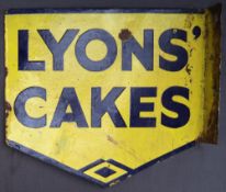 A Lyons' cakes yellow and blue double sided advertising sign with a pointed base, 39.