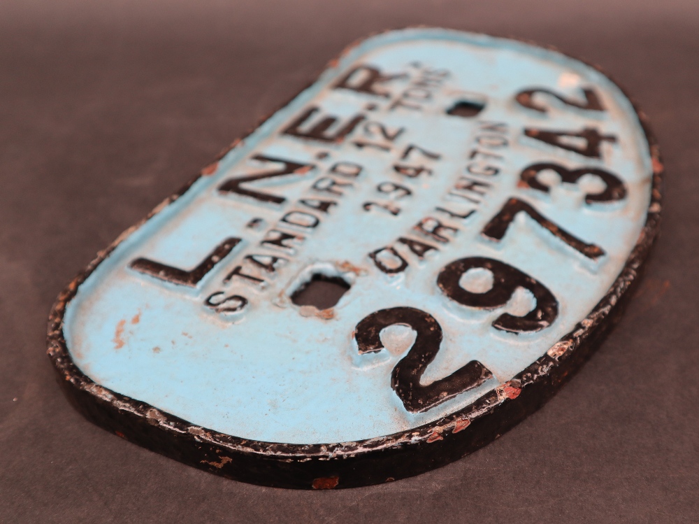 A railway wagon plate for LNER standard 12 Tons, 1947, Darlington, 297342, of flattened oval form, - Image 3 of 4