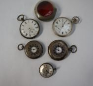 A white metal half hunter pocket watch, with blue enamel Roman numerals to the exterior,